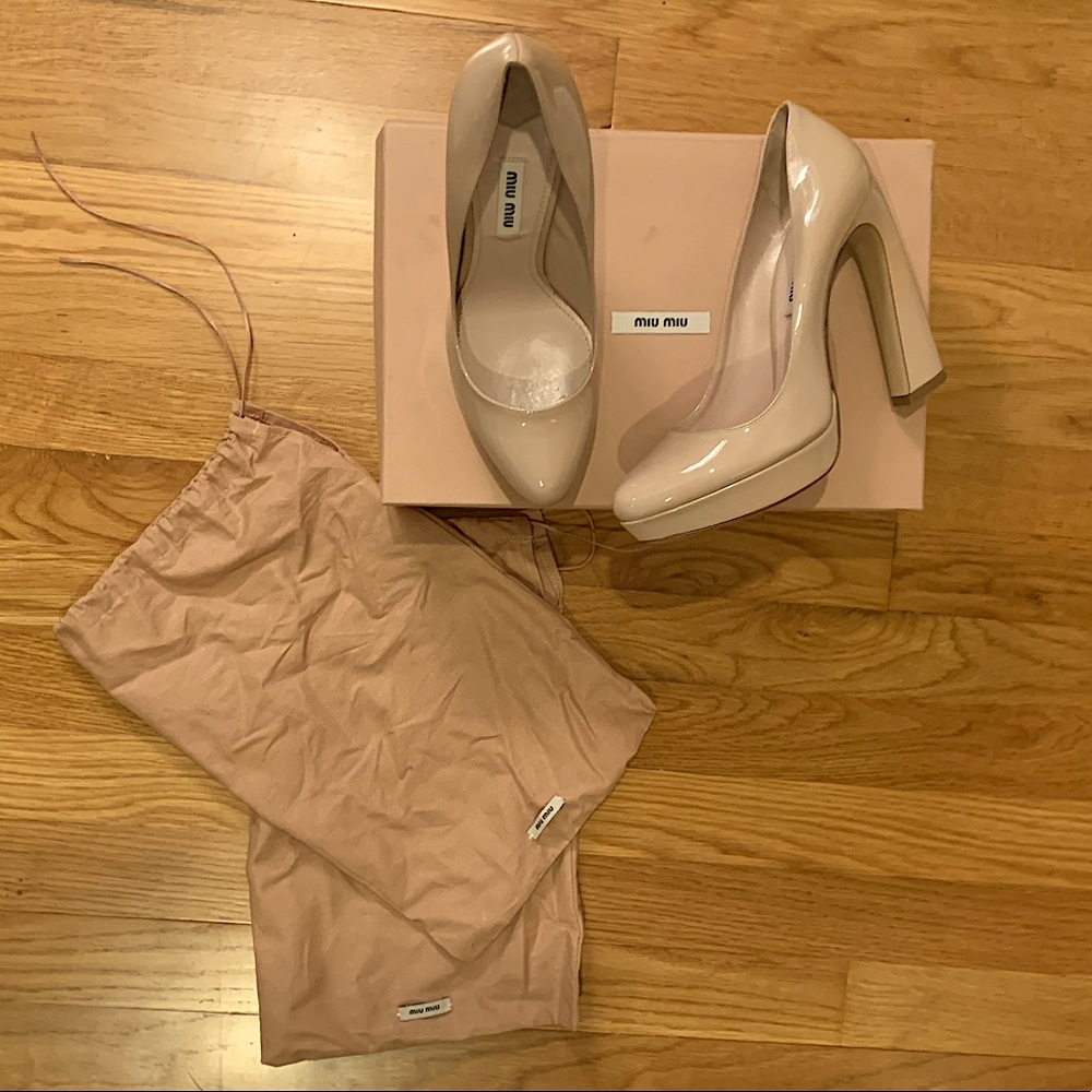 MIU MIU Nude Patent Leather Platform Pumps